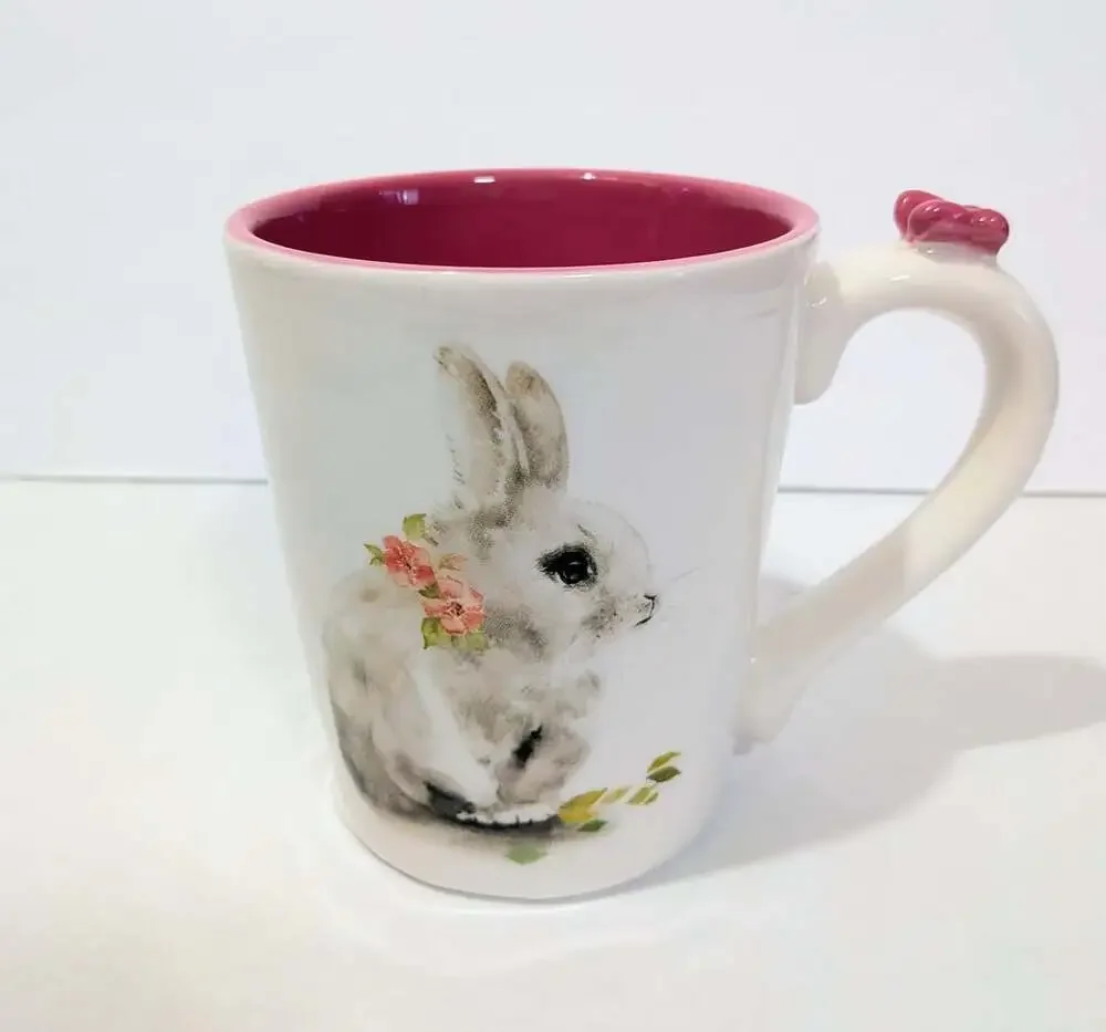 Pier 1 Easter Bunny Mug with Butterfly on Handle and Pink Interior